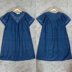 Loungees Women’s Denim Midi Dress Shortsleeve V-Neck Embroidered Cotton Blue L